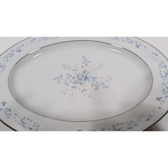 Noritake Carolyn Oval Serving Platter White Blue Floral Silver Trim Porcelain - Picture 4 of 13